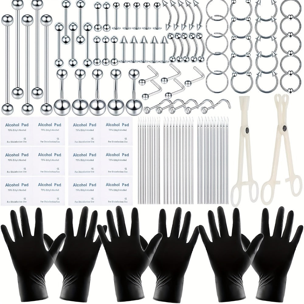 Professional Piercing Kit 120pcs – Complete Body Piercing Set with Stainless Steel Needles, Clamps, Gloves & Jewelry for Ear, Nose, Septum, Belly Button, Lip & Tongue