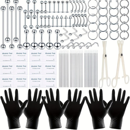 Professional Piercing Kit 120pcs – Complete Body Piercing Set with Stainless Steel Needles, Clamps, Gloves & Jewelry for Ear, Nose, Septum, Belly Button, Lip & Tongue