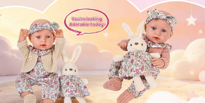 Floral Dress Baby Doll 12 Inch with Rabbit Plush Toy Gift Set – Realistic Vinyl Doll with Floral Outfit, Headscarf, Socks & Bunny Toy, Creative Dress-Up Playset for Girls Ages 3+, Birthday Holiday Gift
