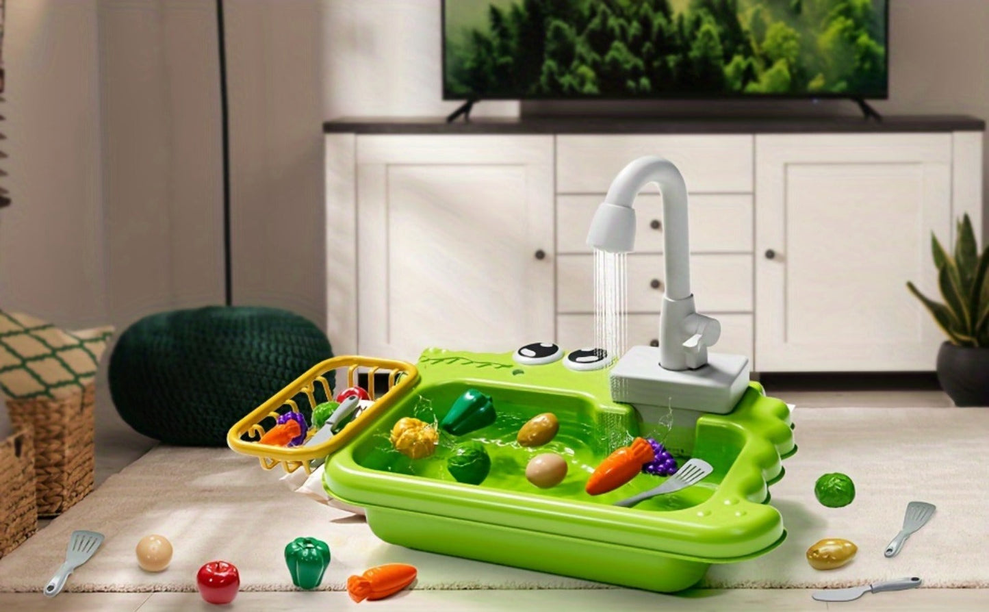 Kids Play Sink Toy with Running Water – Automatic Water Cycle System Pretend Play Dishwasher Kitchen Sink for Toddlers Boys & Girls, Role Play Kitchen Accessory Birthday Gift