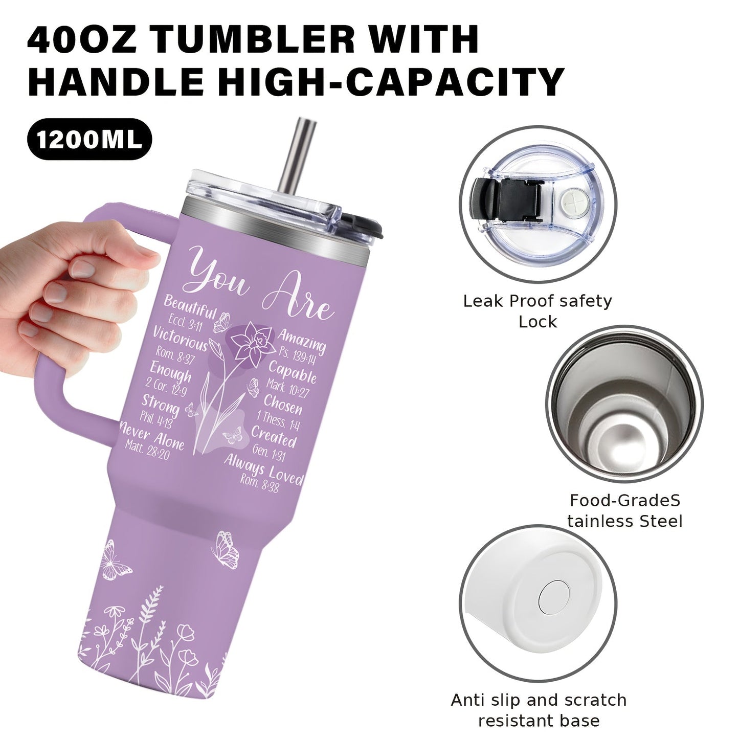 Christian Tumbler 40 oz Insulated with Lid & Straw – Faith-Inspired Religious Gift for Women, Hot & Cold Beverage Cup for Outdoor Sports, Camping & Daily Use, Thoughtful Christian Gift Idea