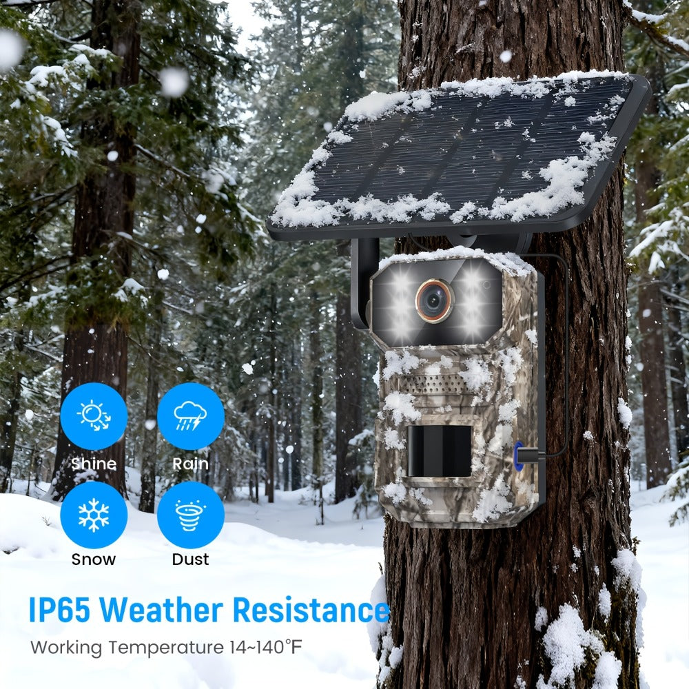 4G LTE Cellular Trail Camera with Solar Panel – 4K Wildlife Monitoring Camera, PIR Motion Sensor, Infrared Night Vision, Two-Way Voice, Remote Access, No WiFi Required, for Hunting & Security (Camo/Brown)