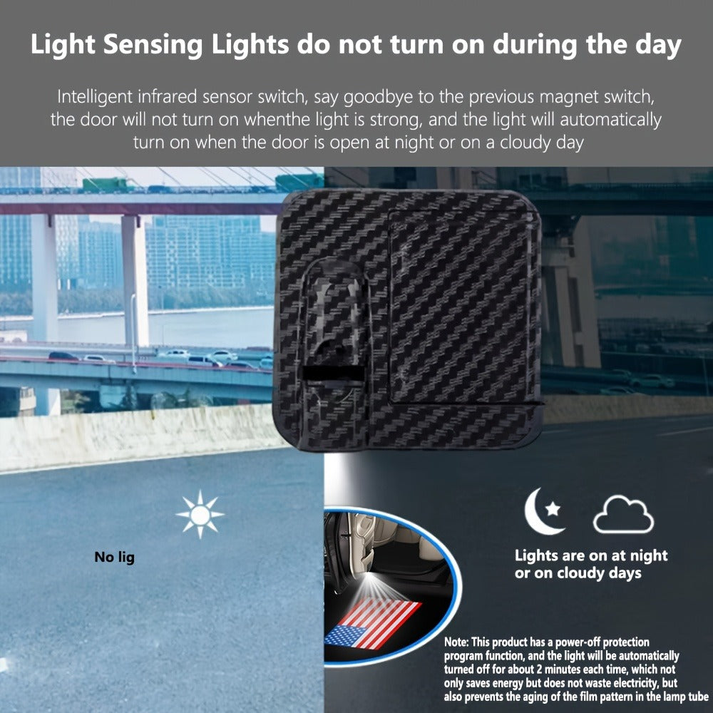 LED Door Projector Lights 4pcs American Flag Logo Wireless Car Door Step Welcome Shadow Light Universal Fit All Car Brands Battery Powered Ground Projection Puddle Lamp