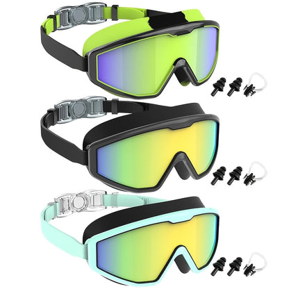 Anti-Fog Swimming Goggles 3 Pairs Leak-Proof UV Protection with Nose Clip Earplugs for Adults Kids Pool Open Water Gift Set