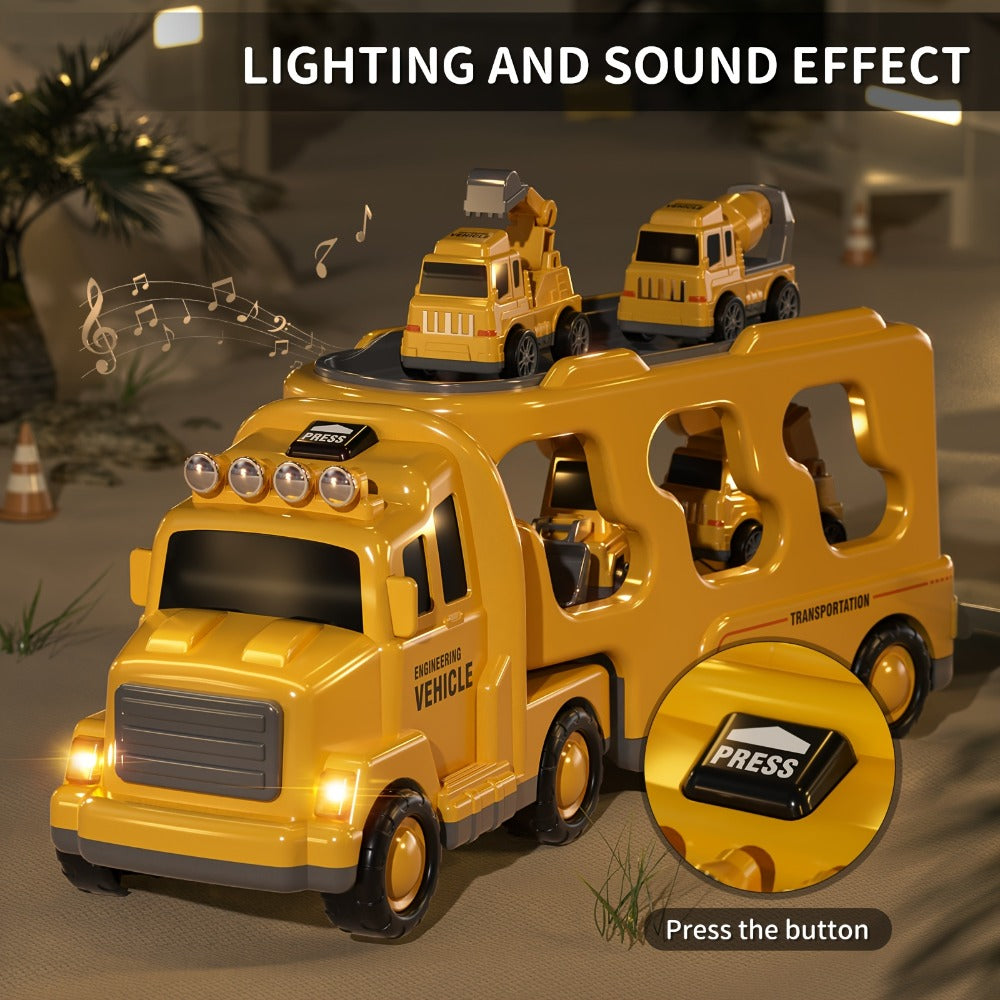 Construction Carrier Truck Toy Set for Kids Ages 3-7 – Large Transport Truck with 4 Mini Engineering Vehicles Excavator Crane Cement Mixer Bulldozer Friction Powered Yellow Gift Boys Girls