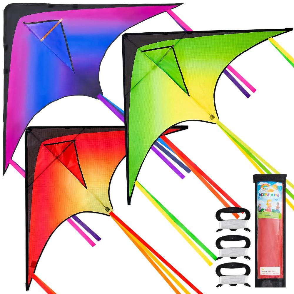 Large Delta Kite 3 Pack for Kids & Adults – Gradient Easy-to-Fly Kites with 58-Inch Wingspan & 262.5 Ft String, Stable in Light Wind | Best Outdoor Beach Park Gift for Boys and Girls
