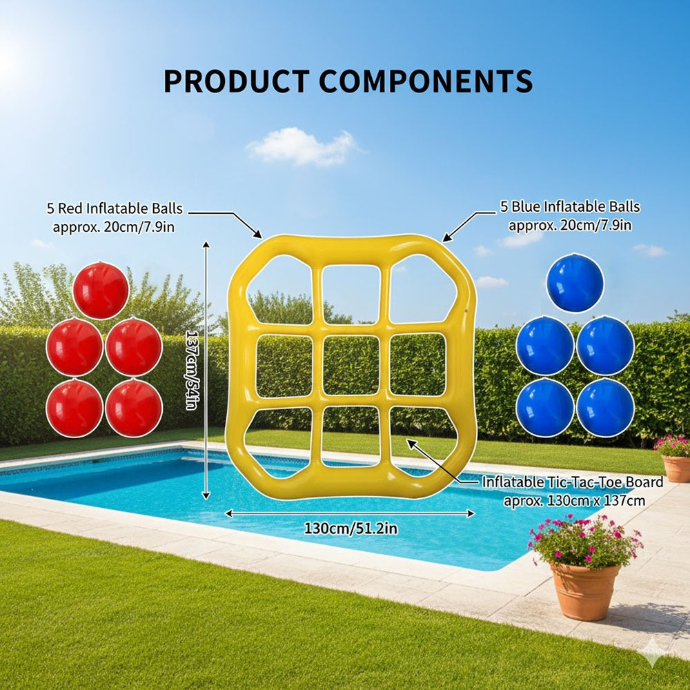 Floating Tic Tac Toe Pool Game Set for Family & Adults – Giant Inflatable Board with 10 Balls & Air Pump, Swimming Pool Lake Party Toy for 2-10 Players, Summer Outdoor Water Game