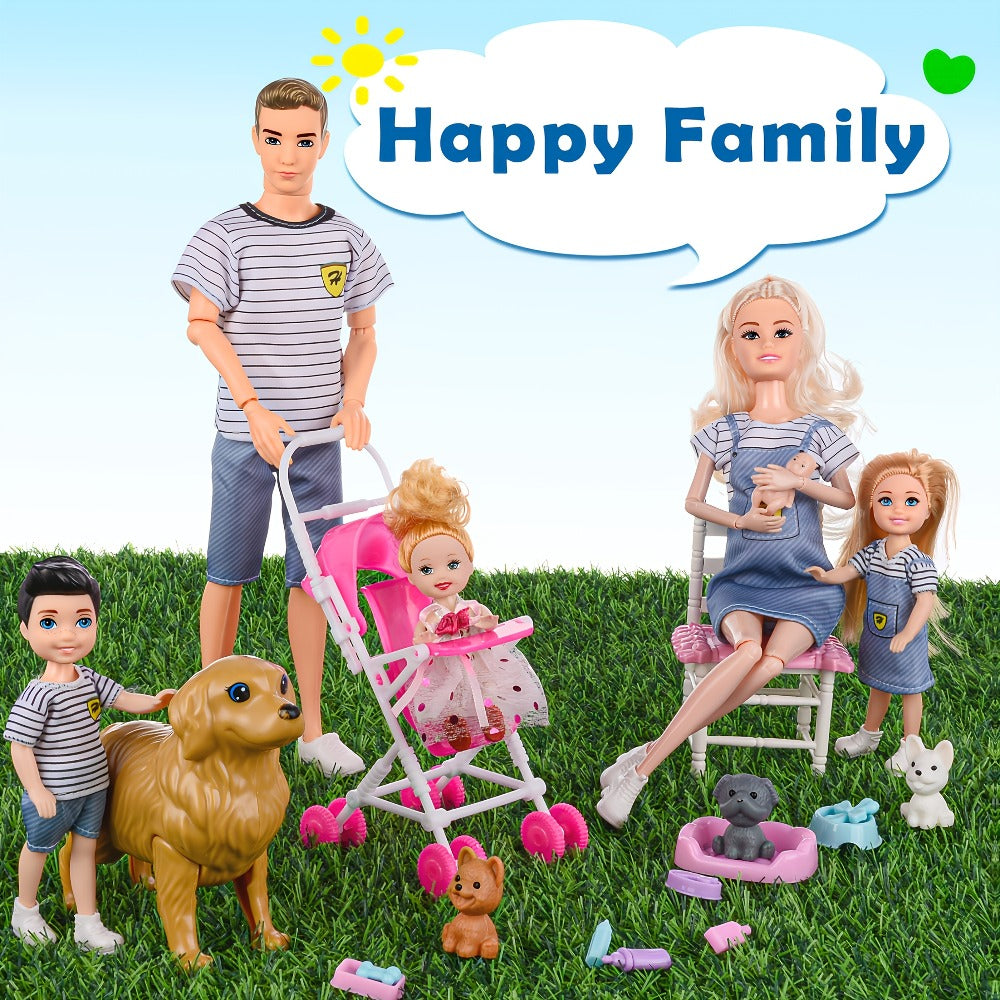 Family Doll Set with Pets & Accessories – 6 Poseable Collectible Dolls with Puppies, Handcart & Changeable Clothes, Pretend Play Family Figures, Holiday & Birthday Gift for Kids Ages 3+