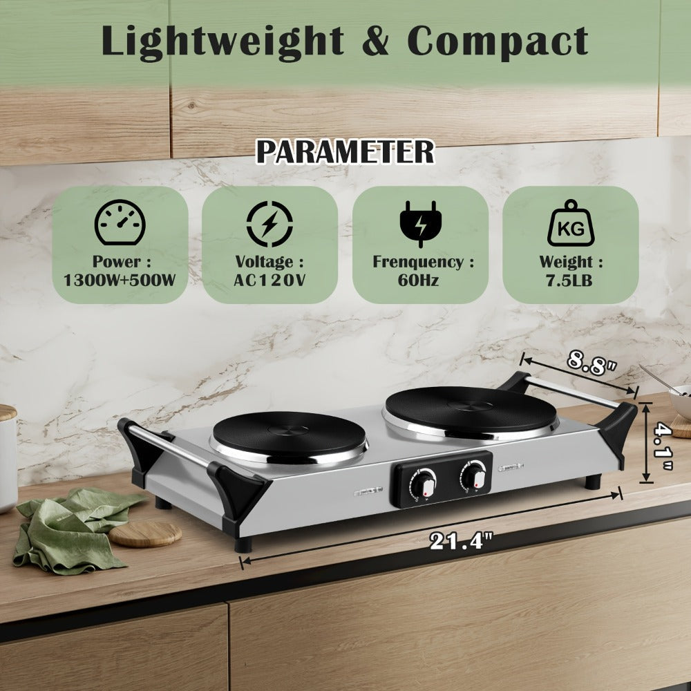 Hot Plate Electric Burner with Temperature Control – Dual Size Coil Burners 7.4in & 6.1in, Countertop Electric Stove for Daily Cooking, Dorm, Office & Travel, Multiple Colors Available
