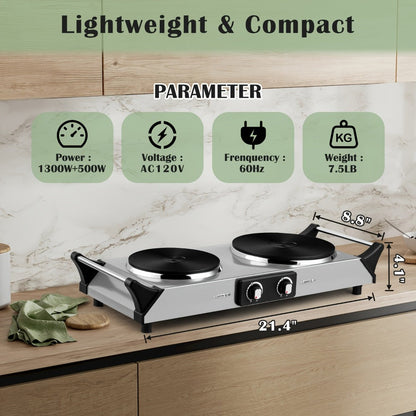 Hot Plate Electric Burner with Temperature Control – Dual Size Coil Burners 7.4in & 6.1in, Countertop Electric Stove for Daily Cooking, Dorm, Office & Travel, Multiple Colors Available