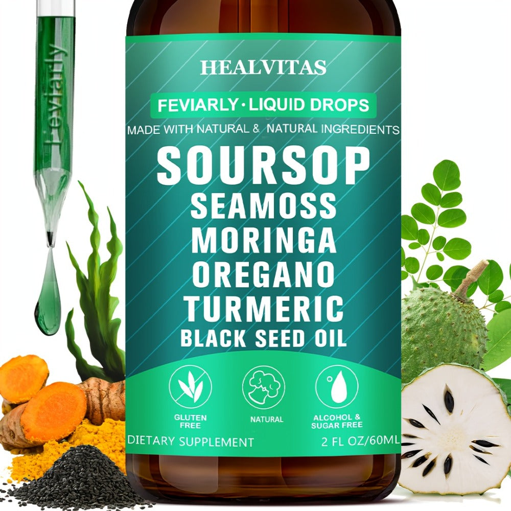 Soursop Bitters Liquid Drops 10-in-1 with Sea Moss Moringa Turmeric Black Seed Oil Oregano Ashwagandha - Natural Herbal Supplement for Immune Support Detox & Wellness 140g