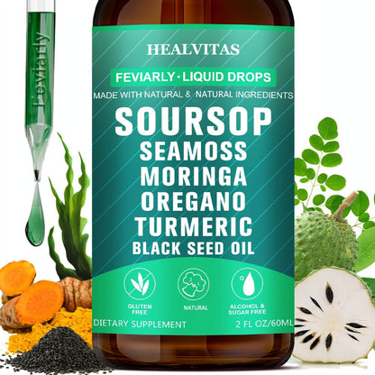 Soursop Bitters Liquid Drops 10-in-1 with Sea Moss Moringa Turmeric Black Seed Oil Oregano Ashwagandha - Natural Herbal Supplement for Immune Support Detox & Wellness 140g