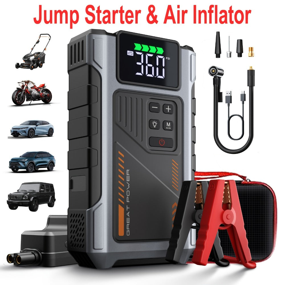 Portable Jump Starter 9-in-1 with Air Compressor – 12V Car Battery Booster for 8.0L Gas & 6.5L Diesel, USB-C, LED Emergency Light, Digital Display