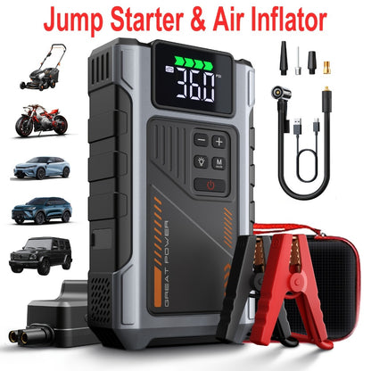 Portable Jump Starter 9-in-1 with Air Compressor – 12V Car Battery Booster for 8.0L Gas & 6.5L Diesel, USB-C, LED Emergency Light, Digital Display