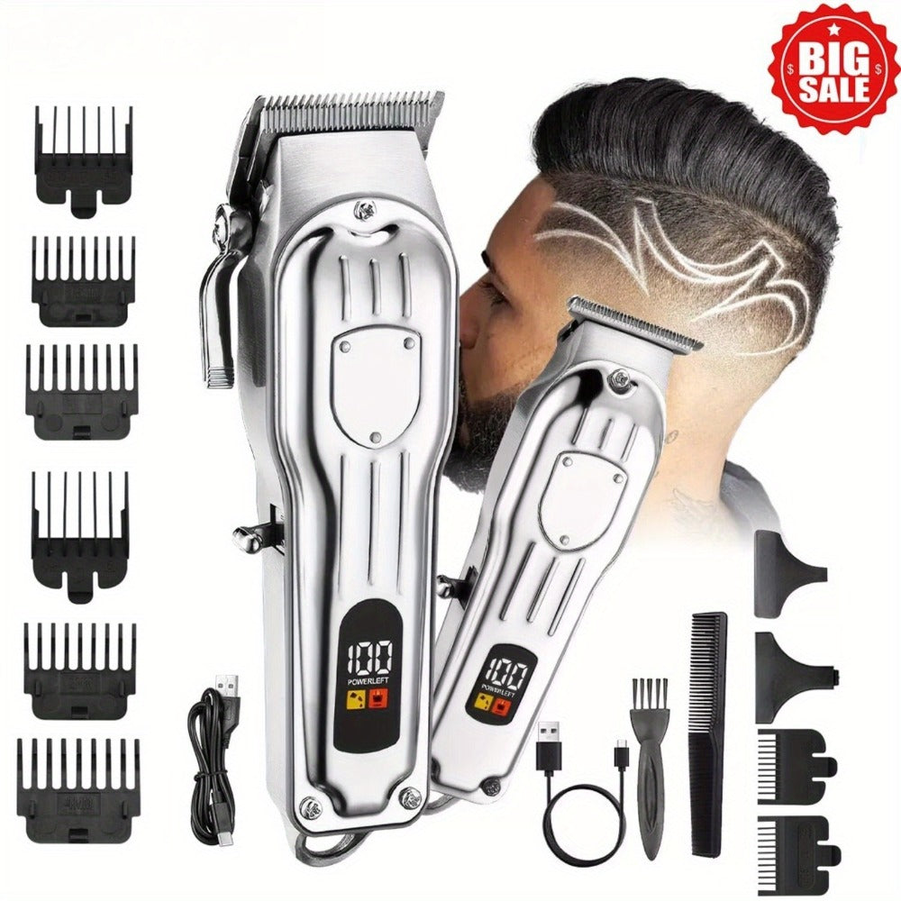 Hair Clipper Set for Men - Professional Cordless Rechargeable Hair Trimmer with LCD Display, Metal Body, Home Haircut Kit, 1 or 2 Piece Set, Father's Day & Birthday Gift for Men