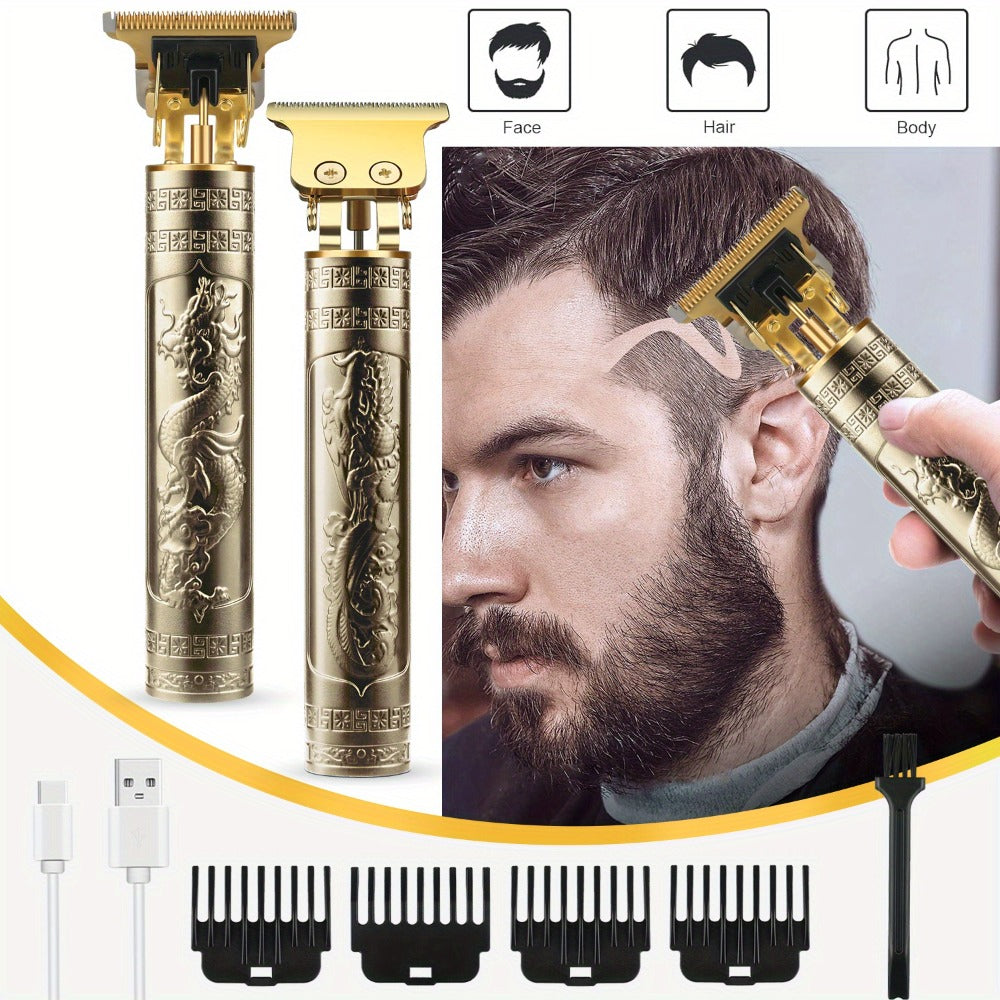 T-Blade Hair Trimmer for Men - Retro Electric Clipper, USB Rechargeable 1000mAh, 240-Min Runtime, 4 Guide Combs, Dragon & Buddha Designs, Black Bronze Blue Purple