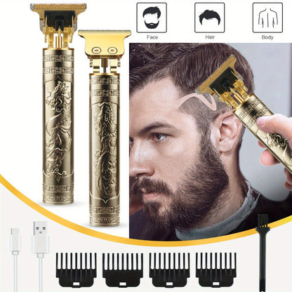 T-Blade Hair Trimmer for Men - Retro Electric Clipper, USB Rechargeable 1000mAh, 240-Min Runtime, 4 Guide Combs, Dragon & Buddha Designs, Black Bronze Blue Purple