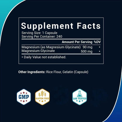 Magnesium Glycinate 500mg Chelated Capsules – Deep Sleep, Stress Relief & Muscle Relaxation Supplement for Women & Men, High Absorption, 240 Capsules 120-Day Supply