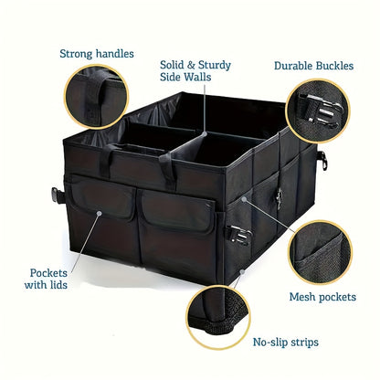 Foldable Car Trunk Organizer - Large Capacity Multi-Compartment Storage Box for Cars, Trucks & SUVs, Ultra-Durable Collapsible Cargo Storage, Black