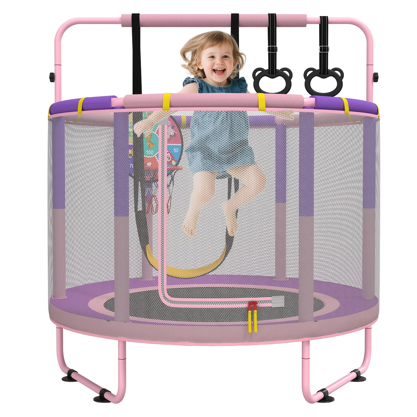 60 Inch Kids Trampoline 6-in-1 with Safety Net Enclosure, Basketball Hoop, Swing, Dart Board & Gymnastic Rings – Indoor Outdoor Toddler Trampoline for Boys Girls, 5ft Fun Activity Center