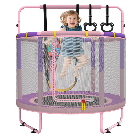 60 Inch Kids Trampoline 6-in-1 with Safety Net Enclosure, Basketball Hoop, Swing, Dart Board & Gymnastic Rings – Indoor Outdoor Toddler Trampoline for Boys Girls, 5ft Fun Activity Center
