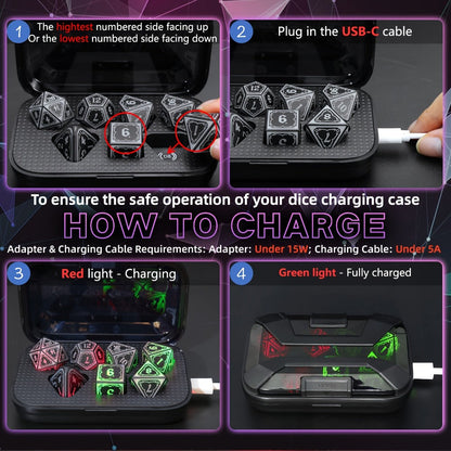Glowing DnD Dice Set with Wireless Rechargeable Charging Case – 7-Piece LED Light Up Polyhedral Dice D4 D6 D8 D10 D12 D20 for Dungeons & Dragons, Pathfinder & Tabletop RPG, 6-Hour Battery, Mixed Blue Purple, Unique Gamer Gift