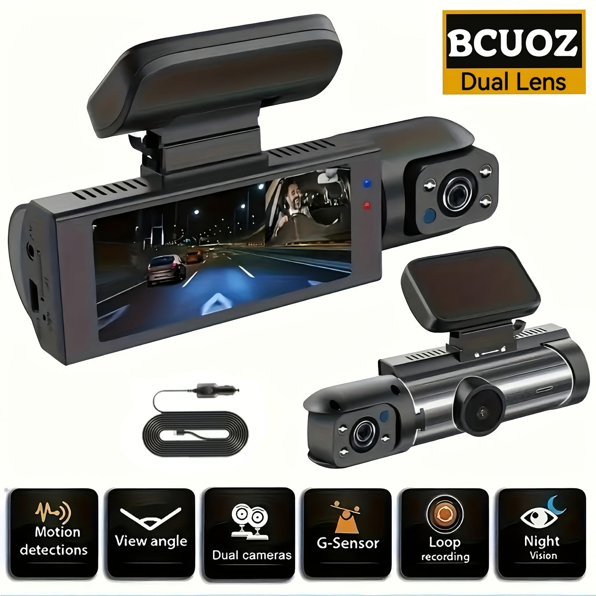 BCUOZ Dual Lens/Four Lens Car Additions 1080P Dashcam, 1080P Front And 720P Inside/Left/Rear Cameras, Adjustable Multi-Angle, 3.16-Inch Display, Infrared Night Vision, Wide Angle, Loop Recording, 12-24V Car Plug