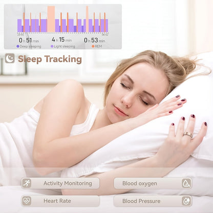 Smart Ring Health Fitness Tracker - Sleep Monitor Heart Rate Temperature Blood Pressure Pedometer Calorie Menstrual Cycle Tracker, Bluetooth 5.0 Compatible with iPhone Android, No Subscription Fee