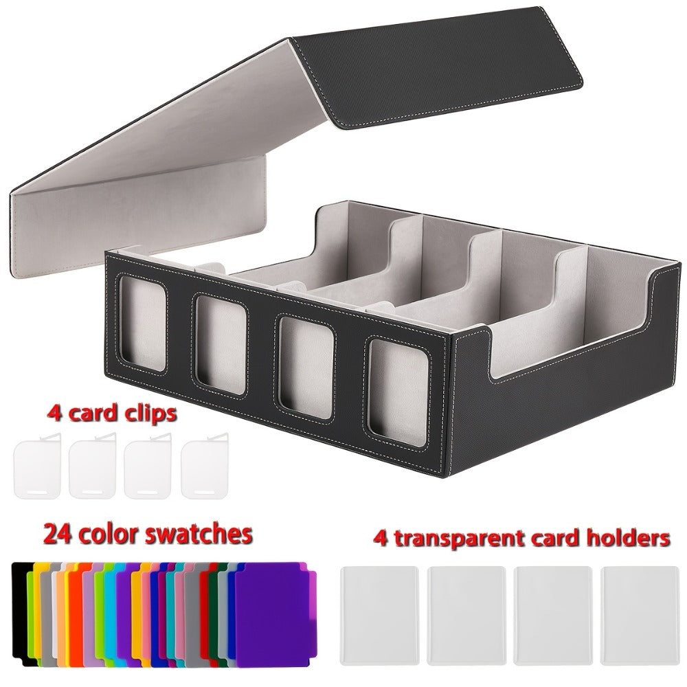 Magnetic Card Storage Box 1200+ Cards with Display Window – 24 Color Dividers 4 Sleeves Grid Boards, Trading Card Organizer for Pokemon MTG Sports YuGiOh TCG, Blue Red Gray Purple