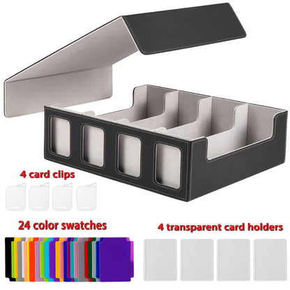 Magnetic Card Storage Box 1200+ Cards with Display Window – 24 Color Dividers 4 Sleeves Grid Boards, Trading Card Organizer for Pokemon MTG Sports YuGiOh TCG, Blue Red Gray Purple