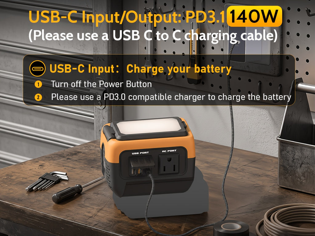 240W Power Inverter Pure Sine Wave, Compatible with De-Walt 20V Battery, Power Inverter Adapter, USB-C 140W Fast Battery Bidirectional Charger, 120V AC Outlets, 2 QC USB Ports(18W), 600LM LED, Summer Outdoor Camping Essentials(No Battery)