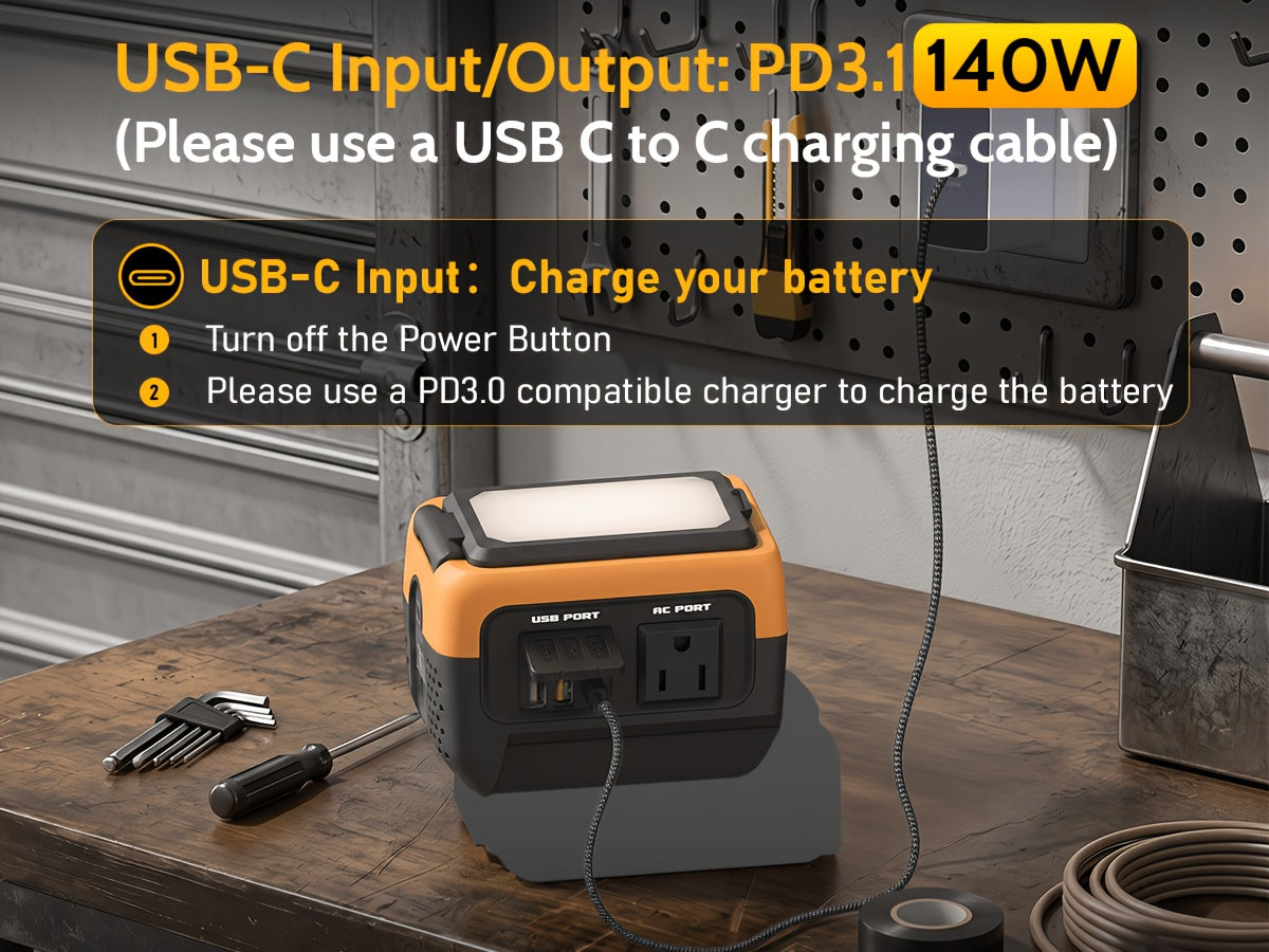 240W Power Inverter Pure Sine Wave, Compatible with De-Walt 20V Battery, Power Inverter Adapter, USB-C 140W Fast Battery Bidirectional Charger, 120V AC Outlets, 2 QC USB Ports(18W), 600LM LED, Summer Outdoor Camping Essentials(No Battery)