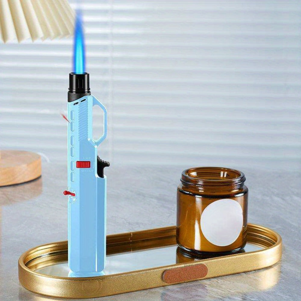 1300° Outdoor Windproof Torch Lighter Blue Flame with Safety Lock & Non-Slip Grip - Refillable for Candles, BBQ, Fireplace & Camping | 2 Colors | Butane Not Included