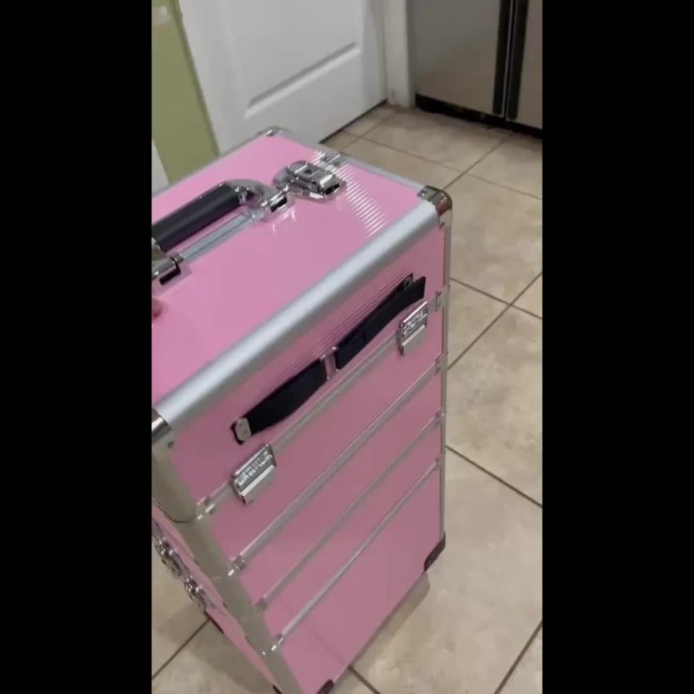 Rolling Makeup Case Aluminum 4-in-1 Extra Large Professional Cosmetic Trolley with 360° Swivel Wheels for Makeup Artist Tattoo Artist Salon Travel Black Pink Silver