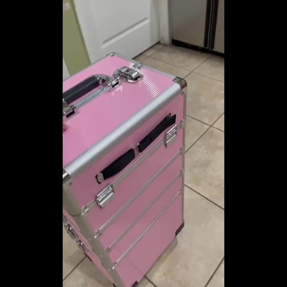 Rolling Makeup Case Aluminum 4-in-1 Extra Large Professional Cosmetic Trolley with 360° Swivel Wheels for Makeup Artist Tattoo Artist Salon Travel Black Pink Silver