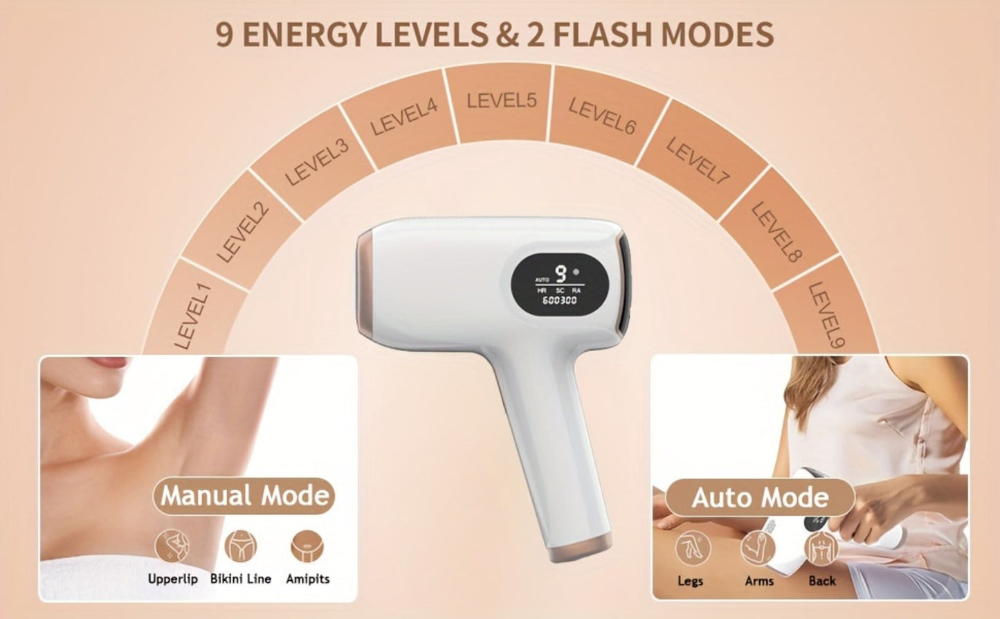 IPL Hair Removal Device Ice Cooling 999,900 Flashes — Painless Permanent Hair Remover for Women & Men, 9 Adjustable Levels Auto & Manual Modes, LCD Display, Legs Arms Armpits Bikini Face