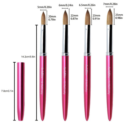 Kolinsky Acrylic Nail Brush Set 100% Pure Kolinsky Hair Flat Shape Sizes #10 #12 #14 – Professional Nail Art Sculpting Extension Brush with Rose Red Handle & Cap for Nail Technicians & Home Use