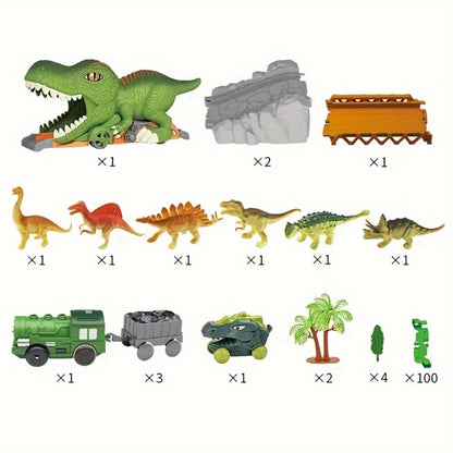 Electric Dinosaur Train Track Set 121pcs – Battery Powered Dino Swallowing Car Sliding Train Toy with Random Car Combinations for Boys Girls Kids Ages 3 4 5 6+