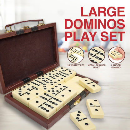 Domino Set 28 Tiles Classic Black with Leather Case – Durable Plastic Dominoes Portable Storage Box for Family Games Party Group Play, Holiday Christmas Thanksgiving Gift