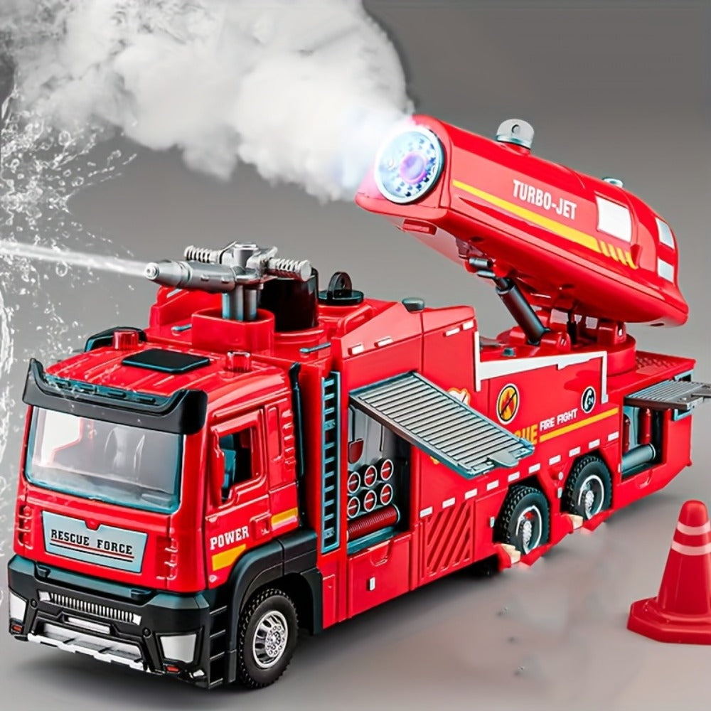Zinc Alloy Fire Truck Toy with Water Mist Spray, Pull Back Fire Engine with Lights & Sounds – Die-Cast Fire Rescue Truck for Kids Boys Girls Birthday Holiday Gift