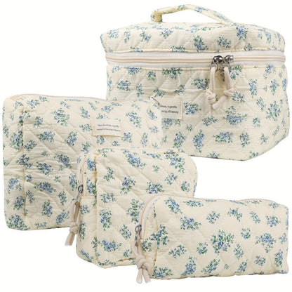 Quilted Makeup Bag Set 4-Piece Floral Rose Coquette Aesthetic Premium Cotton Cosmetic Organizer Travel Toiletry Pouch 4 Sizes for Women Girls Vanity Bathroom Gift