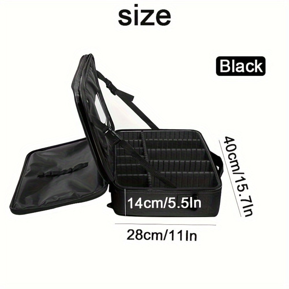 Professional Makeup Train Case 3-Layer 15.8 Inch Large Cosmetic Organizer with Adjustable Dividers Brush Holder Shoulder Strap for Makeup Artist Travel Studio Black
