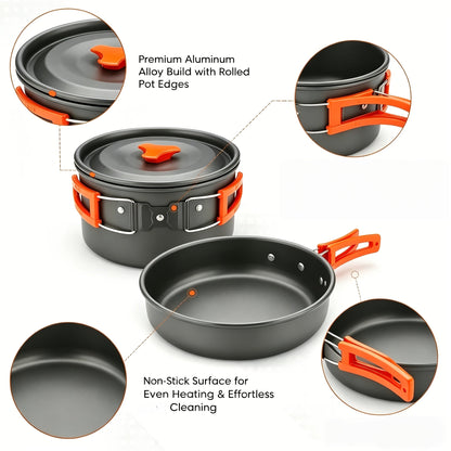 Camping Cookware Mess Kit 8 & 14 Piece – Portable Non-Stick Aluminum Alloy Camp Kitchen Set with Kettle, Pot, Frying Pan, Plates, Forks, Knives & Spoons for Backpacking, Hiking & Outdoor Cooking