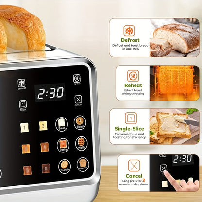 4-Slice Digital Smart Toaster with Touchscreen | Dual Control Panel, Single Slot Toasting, Timer, Reheat & Defrost Functions for Bagels, Bread & Waffles – Stainless Steel Kitchen Essential