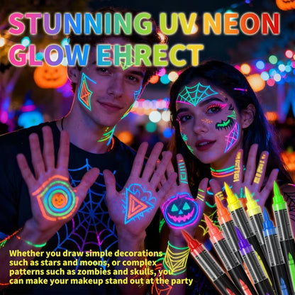 Face Body Paint Pen Set 8 Colors with 105 Tattoo Stencils – Glow in the Dark Neon UV Blacklight Face Paint Kit Easy Apply & Remove for Halloween Party Festival Cosplay Stage