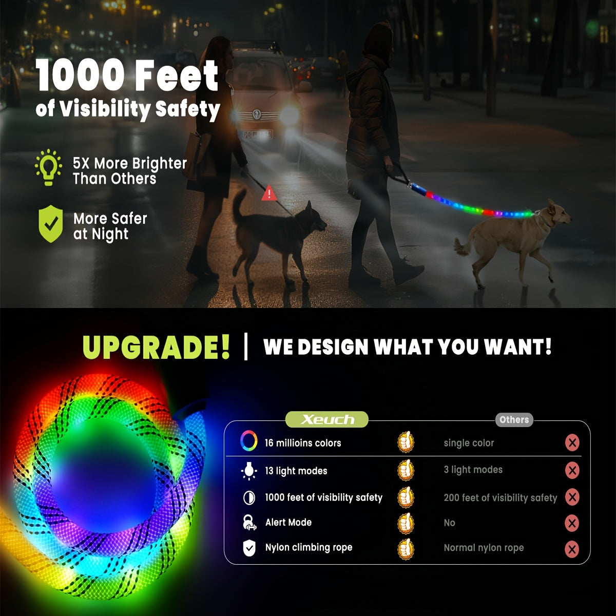 LED Dog Leash 4FT Light Up with 13 Lighting Modes & Tangle-Free Hook, Rechargeable Glow in the Dark Night Walking Leash for Small Medium Large Dogs, USB Rechargeable Pet Safety Leash