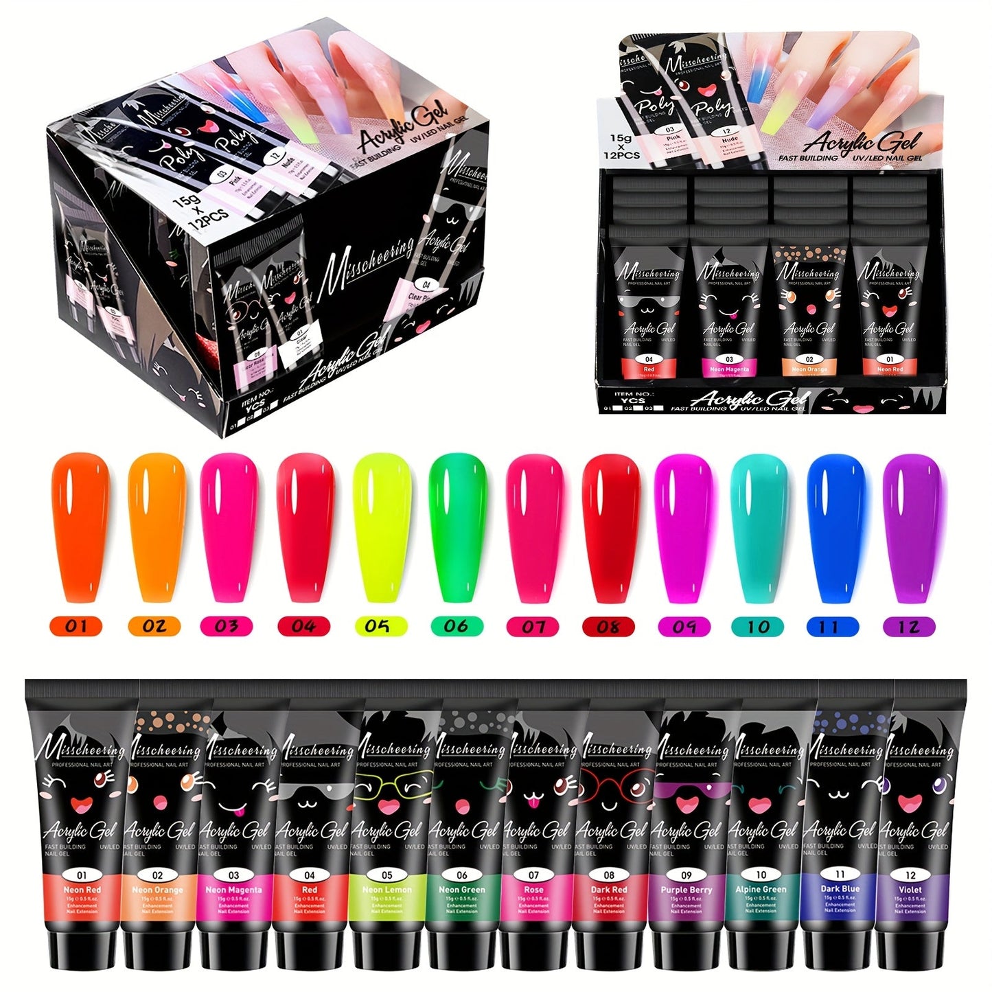 Poly Gel Nail Extension Kit 12pcs 3D Modeling Sculpting Gel – Semi-Permanent Resin Strengthener, Transparent Color Gel, Long-Lasting Acrylic Alternative for Beginner Salon DIY Nail Art Women
