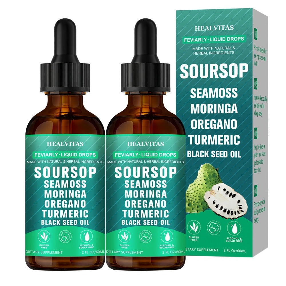 Soursop Bitters Liquid Drops 10-in-1 with Sea Moss Ashwagandha Moringa Turmeric Black Seed Oil — Plant-Based Immune & Energy Herbal Extract | Sugar-Free | 2.03 fl oz