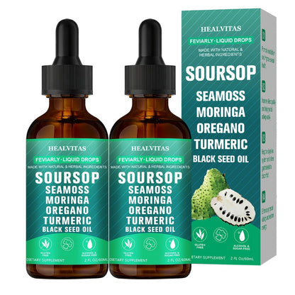Soursop Bitters Liquid Drops 10-in-1 with Sea Moss Ashwagandha Moringa Turmeric Black Seed Oil — Plant-Based Immune & Energy Herbal Extract | Sugar-Free | 2.03 fl oz