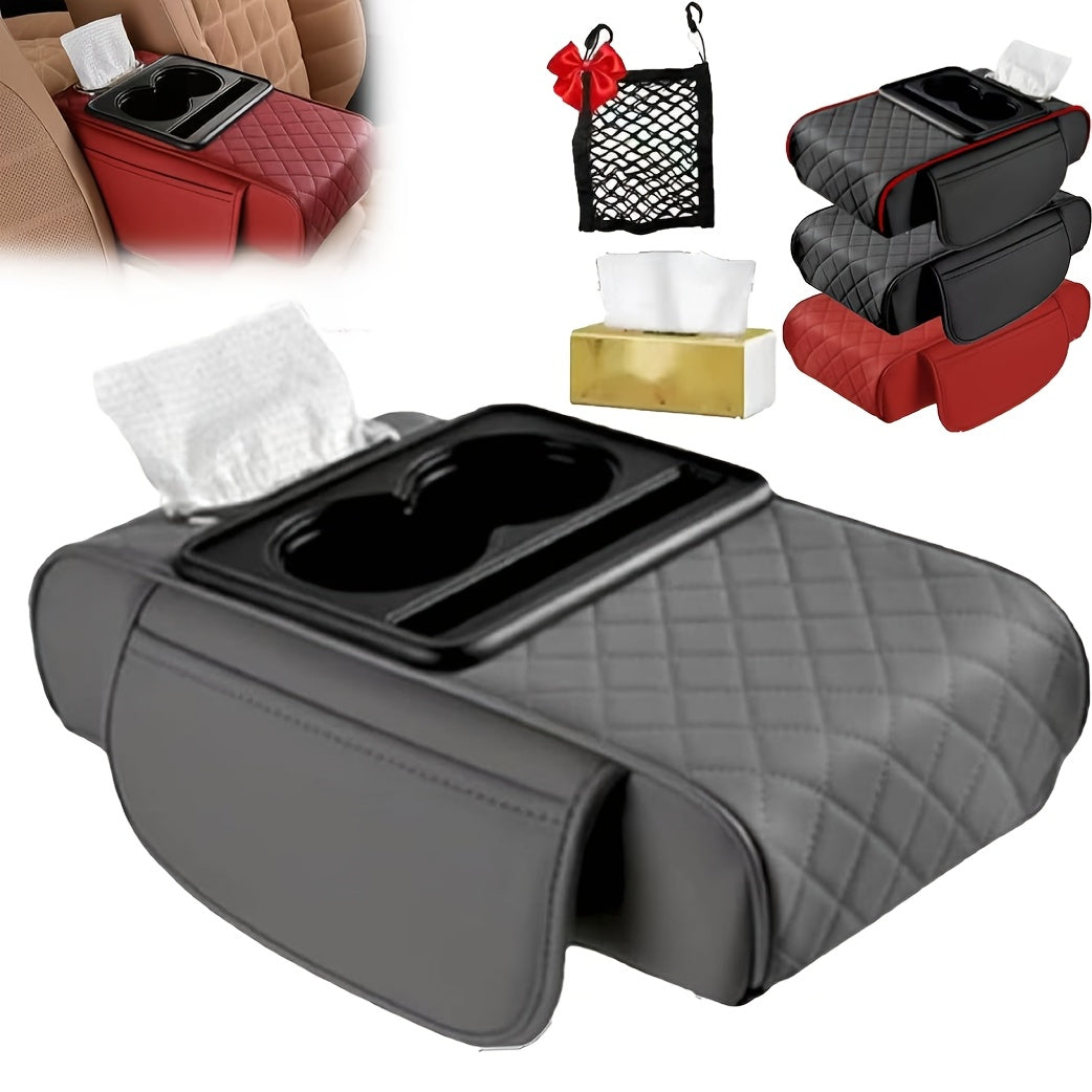 Car Armrest Box Cover PU Leather Center Console Mat – 2 Side Pockets 2 Cup Holders Tissue Storage, Universal Fit Most Car Models, Multi-Function Interior Organizer for Women